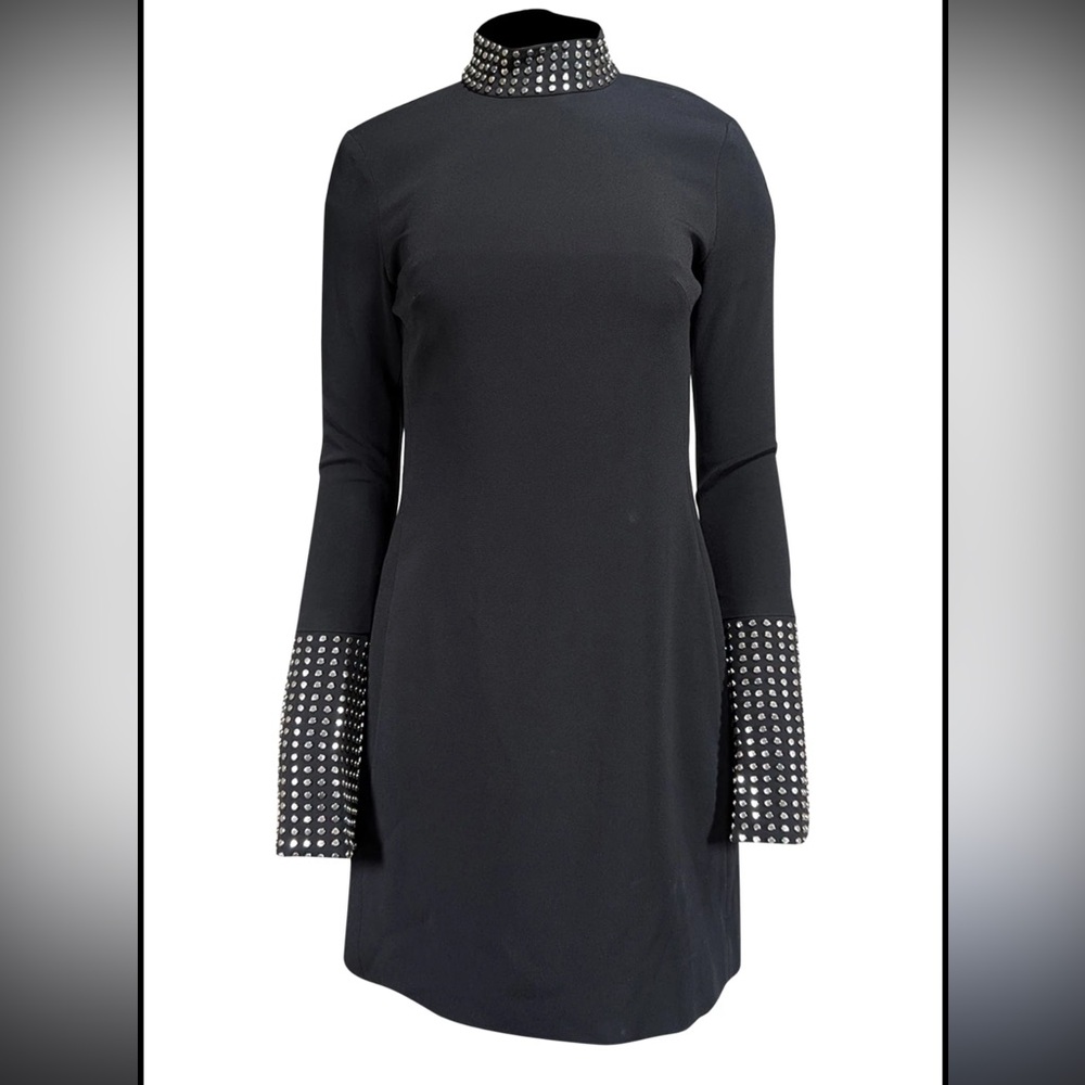 Venus Black dress with metallic embellishment in collar and  Bell Sleeve